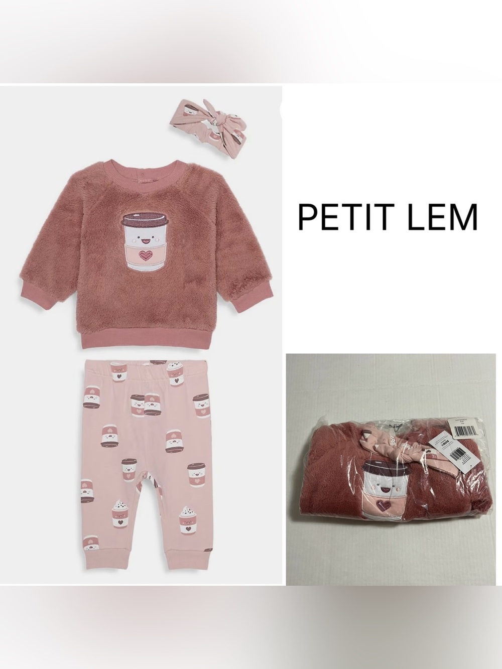 PETIT LEM - 12M - NWT - INFANT GIRLS 3PC PINK COFFEE / LATTE OUTFIT SET